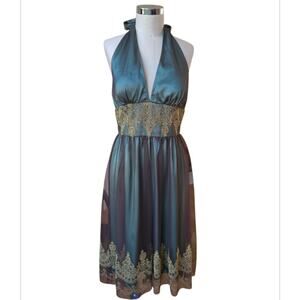 Adrianna Papell Boutique Sheer Embellished Halter Dress Size 8 Green Whimsigoth